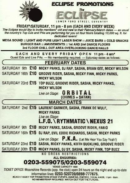 Flyer for The Eclipse Coventry Feb/March 1991